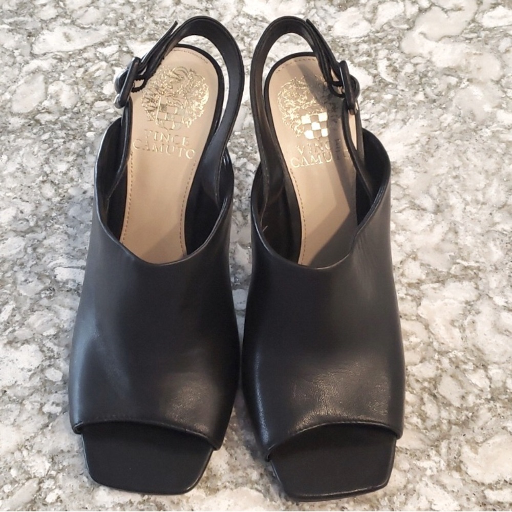NEW Vince Camuto Releen Flare Heel Black Leather Slingback Square Toe Pumps - Picture 3 of 11
